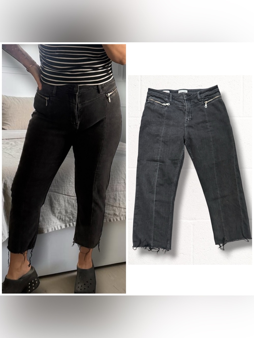 Vigoss Black Cropped Straight Jeans with Front Zips and Raw Inseam, 32